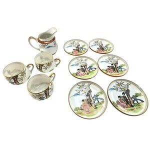 Antique Japanese Kutani Porcelain Tea Set Hand-Painted Geisha Floral Motif je105